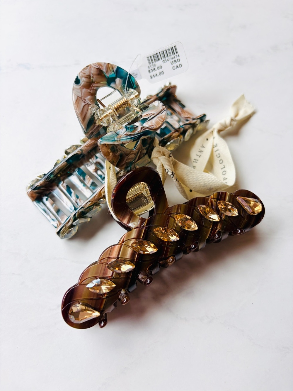 Rare! NWT Anthropologie Crystal Hair Claw Clips, Turquoise & Brown, Set of 2
